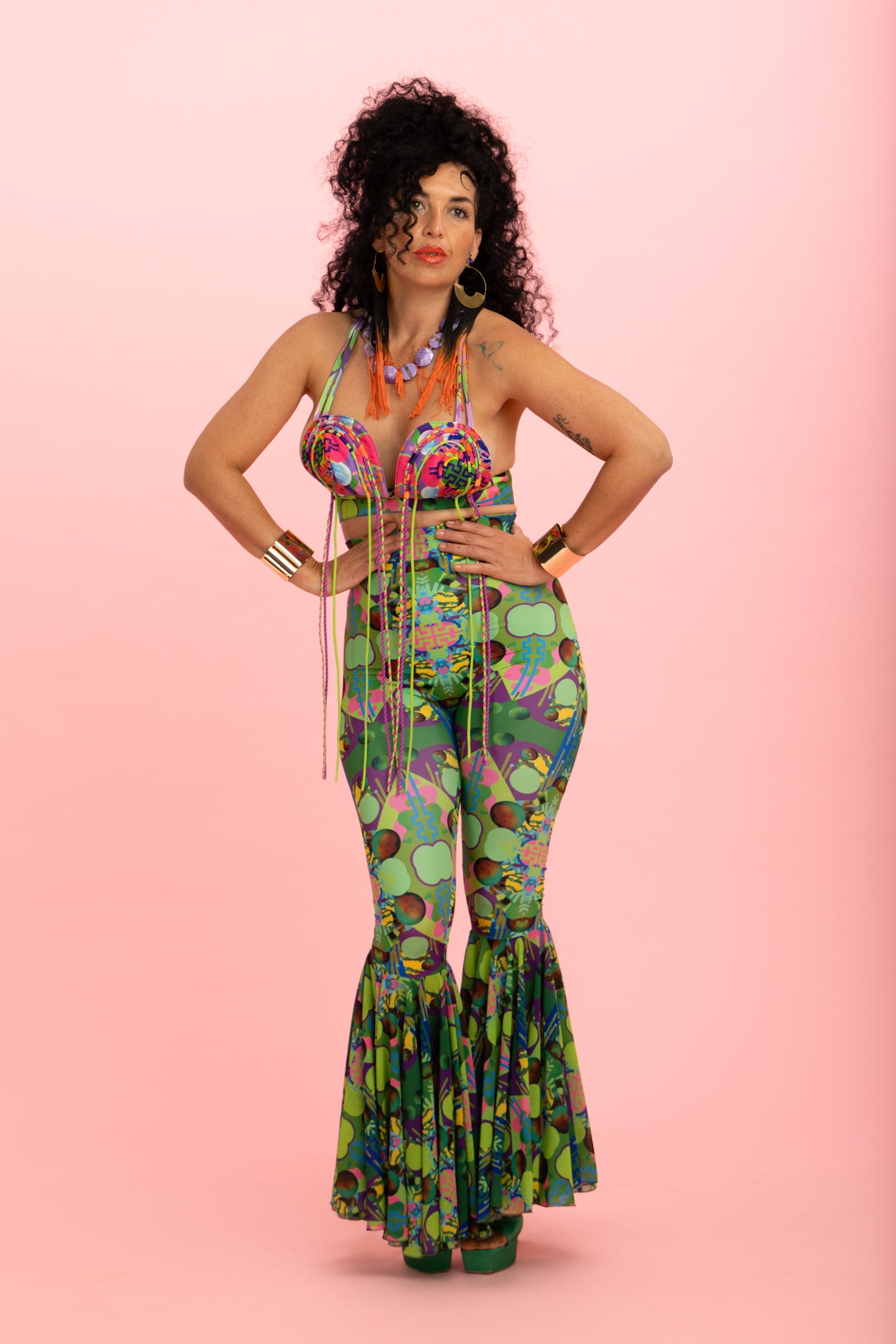 Green High Waisted Bell Bottom Trousers
